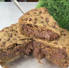 a chocolate chip cookie cake cut in half