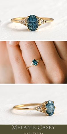 two different views of an engagement ring with blue stones