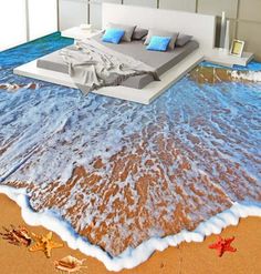 an ocean scene with starfish on the beach and waves crashing onto the shore, 3d floor mural