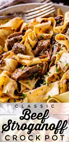 beef stroganone crockpot with text overlay