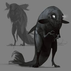 an image of a creature with glowing eyes and long tail standing in front of another creature