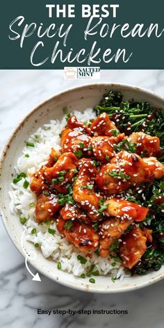 the best spicy korean chicken recipe on top of rice in a bowl with green garnish