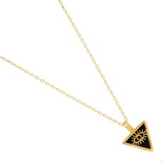 Embrace spiritual protection with the Minimalist Black Onyx & Gold Triangle Pendant Evil Eye Talisman Necklace, crafted to shield you from negative energies.  This elegant pendant features a black onyx triangle, beautifully adorned with a gold evil eye talisman, and is set in 18k gold-plated sterling silver.  The luxurious gold vermeil chain perfectly complements the pendant, making this minimalist yet meaningful necklace a stylish addition to your everyday wear. Details 18K gold plated on sterling silver Black Onyx Necklace length 18" and 2'' extender Pendant height 0. 7'' Pendant width 0. 5'' Avoid contact with chemicals, makeup, parfume. Do not use dips or abrasive cleaners on necklace. To clean and brighten it up your necklace, wipe them gently with jewelry polishing cloth. Symbolic Black Jewelry For Healing, Symbolic Black Necklace With Adjustable Chain, Symbolic Black Pendant Necklace, Black Spiritual Jewelry With Evil Eye, Black Symbolic Jewelry With Adjustable Chain, Symbolic Black Jewelry With Adjustable Chain, Black Tarnish-resistant Charm Necklace As Gift, Spiritual Black Jewelry With Adjustable Chain, Black Spiritual Charm Necklace As Gift