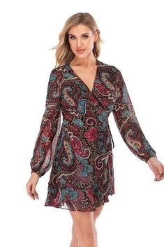 Paisley V-Neck Look-at-Me Wrap Dress Jolie Vaughan | Online Clothing Boutique near Baton Rouge Tie Wrap Dress, Floral Prints Fashion, Custom Size Dresses, Opaque Tights, Multi Dress, Online Clothing Boutiques, Trendy Designs, Mini Wrap Dress, V Neck Dress