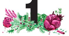 the number one is surrounded by flowers and leaves in pink, green and purple colors