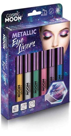 De Metallic Eye Liners van Cosmic Moon Creations zijn vloeibare Eye Liners, perfect voor iedere gelegenheid. Deze set bevat 6 metallic kleuren, gemakkelijk aan te brengen en droogt snel.   De Eyeliner  is voorzien van een dunne applicator om het oog te contouren en de perfecte wing te creëren.  Werkwijze Breng Eyeliner rechtstreeks op de gewenste plek aan met de applicator of een ander penseel naar keuze, vermijd contact met de ogen.  Verwijderen Verwijder de Eyeliner met een wattenschijfje met Metallic Eyes, Cleansing Milk, Eyeliner, Makeup, Make Up