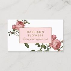 business card with pink roses and greenery