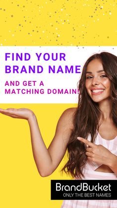 a woman holding up a sign with the words find your brand name and get a matching domain