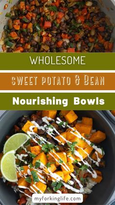 two bowls filled with different types of food and the words, wholesome sweet potato & bean nourishing bowls