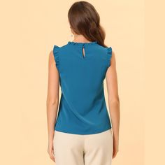 The ruffled sleeveless design would show demure, feminine grace, and also lend shape and texture. Crafted from a lightweight material, it is shaped with an elegant crew neckline, and pleat detailing, and comes in a relaxed cut for easy, breezy wear. This vintage blouse is designed with ruffled trim and solid color, especially for a professional look at work.