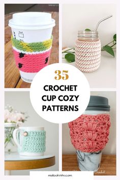 crochet coffee cup cozy patterns with text overlay that reads 35 crochet cup cozy patterns