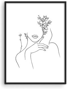 a black and white line drawing of a woman's face with flowers in her hand