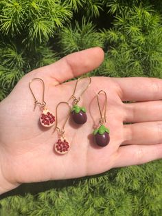 Hypoallergenic lil fruit earrings! $8 each Fruit Earrings, Clay Jewellery, Hypoallergenic Earrings, Days Out, Clay Jewelry, Pomegranate, Belly Button Rings, Drop Earrings, Fruit