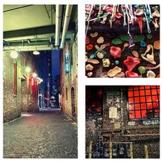 three different pictures of an alleyway at night