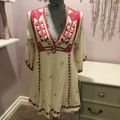 Nwot Free People Embroidered Dress. Ornate Embroidery By Neckline. Bell Sleeves. Shorter Fit. Can Be Used As A Top For A Taller Person. V-neck Dress With Intricate Multicolor Embroidery, Summer V-neck Embroidered Dress For Festive Occasions, Bohemian Embroidered Fitted V-neck Dress, Red Long Sleeve Folk Embroidered Dress, Red Folk Style Embroidered Long Sleeve Dress, Casual Multicolor Embroidered V-neck Dress, Red V-neck Embroidered Summer Dress, Red Embroidered V-neck Dress For Summer, Summer Festive V-neck Tunic