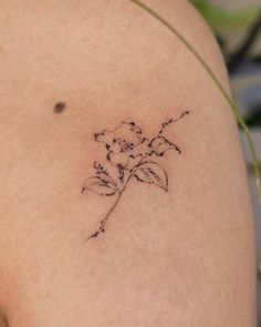 a small flower tattoo on the back of a woman's left shoulder and arm