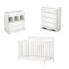 three white furniture pieces including a baby crib, dresser and changing table with drawers