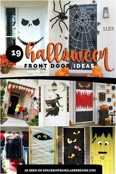 the front door decorated for halloween with lots of decorations