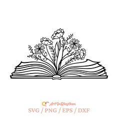 an open book with flowers on top