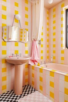 Pink and yellow floor to ceiling tiled bathroom. Buchanan Studio, Strawberry House, Childrens Bathroom, Phillip Island, Studio Chairs, Yellow Tile, Edwardian House, London House, Bathroom Reno