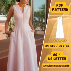 Sew your own stylish and trendy pink zip-up dress with this PDF sewing pattern! Featuring a chic high neck with an eye-catching orange collar and a flattering A-line silhouette, this sleeveless maxi dress is perfect for both casual and semi-formal occasions. The easy-to-follow pattern includes sizes XS to 5XL (US 2-30) and comes in US Letter, A0, and A4 formats with optional DXF files available on request. Whether you're a beginner or an experienced sewer, this dress pattern is a must-have for y Dress Pdf Pattern, High Neck Maxi Dress, Dress Sewing Pattern, Dress Sewing, Sleeveless Maxi Dress, Pocket Dress, Dxf Files, Pdf Sewing Patterns, Sewing Dresses