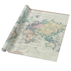 an old map wrapping paper with the world on it's side, showing europe and asia