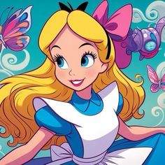 a cartoon character with blonde hair and blue eyes, sitting on the ground surrounded by butterflies