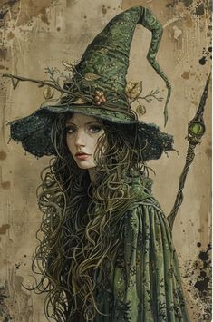 a painting of a woman wearing a witches hat and holding a wand with vines on it