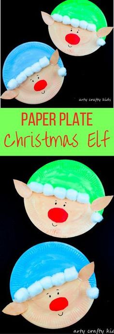 paper plate christmas elf craft for kids with text overlay that says paper plate christmas elf