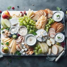 an assortment of cheeses, fruits and crackers on a platter with grapes