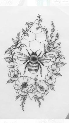 a drawing of a bee surrounded by flowers