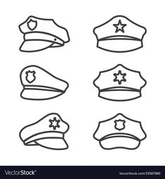 six police hats in different styles and colors