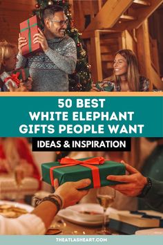 people holding presents with the words 50 best white elephant gifts people want ideas and inspiration