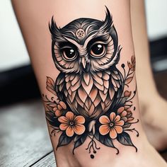 an owl tattoo on the foot of a woman's leg, with flowers around it