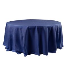 a round table with a blue cloth on it