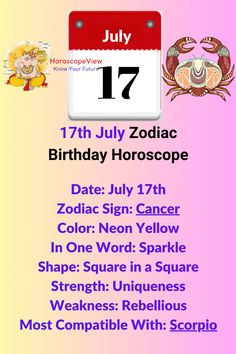 the zodiac sign for july 17th is displayed in front of a pink and yellow background