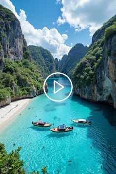 boats are floating in the blue water next to some mountains and cliffs, while another boat is on the beach