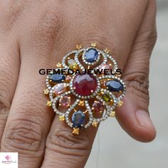 Ruby Diamond Ring, Sapphire Silver Ring, Multi-Stone Ring, Pave Diamond, Gemstone Silver Jewelry, 925 Silver Jewelry, Gold Plated Ring, Gift Gross Weight: 11.97 gram Gemstone Weight: 10.94 cts Diamond Weight: 1.10 cts NOTE:- All The Products Are Designed And Manufactured In My Workshop By Me & My Team. Shown Products Are Purely Handmade. Custom Orders Are Open Handly Accepted. We Are the Perfect Choice For Any Custom Jewelry Manufacturing. For Bulk Orders Please Message me. Visit My Store Fo Elegant Multicolor Ruby Ring, Multi-stone Diamond Jewelry With Round Stones, Elegant Multicolor Toe Ring Jewelry, Multicolor Ruby Ring In Fine Jewelry Style, Multicolor Ruby Ring Fine Jewelry, Unique Ruby Ring With Diamond, Round Multi-stone Cubic Zirconia Gemstones, Multicolor Round Cut Jewelry With Center Stone, Oval Multicolor Hallmarked Ring