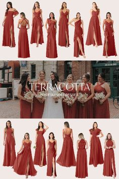 the bridesmaids in red dresses are posing for pictures