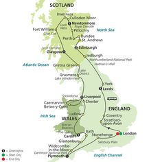 a map showing the route for england and scotland, with all its major cities on it