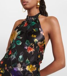 Floral Halterneck Maxi Dress in Black - Rixo | Mytheresa Floral Print Halter Neck Top For Party, Summer Satin Halter Dress For Cocktail, Summer Satin Halter Cocktail Dress, Chic Satin Halter Dress For Summer, Summer Cocktail Satin Halter Dress, Formal Summer Halter Neck Dress, Satin Halter Dress With Tie Back For Spring, Black Satin Halter Dress For Summer, Chic Silk Maxi Dress With Tie Back