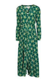 Current Boutique-Saloni - Green Star Print Button Front Silk Dress Sz 8 Green Long Sleeve Maxi Dress For Work, Green Star, Sleeved Dress, Size 8 Dress, Star Print, Waist Tie, Silk Dress, Day Dresses, Print Dress