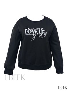 Ebeek - Premium Womens Plus-Size Slogan Print Sweatshirt: Featuring Long Sleeves, Round Neck, Slight Stretch, and Versatile Pullover Top Design Stretch Tops With Text Print For Fall, Stretch Top With Text Print For Fall, Basic Fall Tops With Text Print, Top Design, Print Sweatshirt, Printed Sweatshirts, Knit Fabric, Collar Styles, Tops Designs