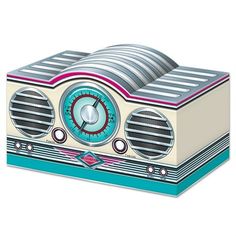 an old - fashioned radio is shown on a white background with blue and pink stripes