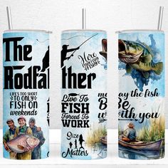 three different types of travel mugs with the words, fish and fisherman on them