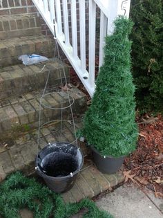 two potted trees sitting next to each other on the side of a house steps