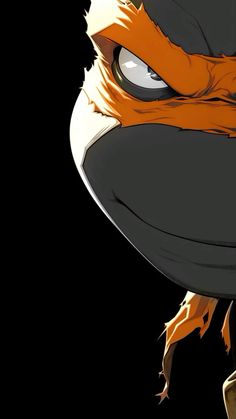 an angry looking bird with big eyes and orange feathers on it's head, standing in front of a black background