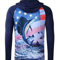 a blue hoodie with an image of a marlin fish on the front and american flag in the back