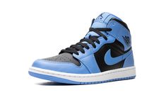 Air Jordan 1 Mid DQ8426 401 Jordan 1 Mid University Blue, Anime Apparel, Black And Blue Dress, Black Jordans, Jumpman Logo, Wings Logo, Black Wings, Black Socks, Liner Socks