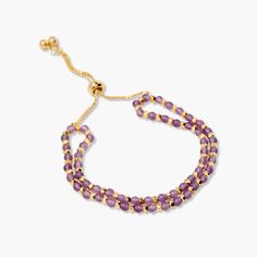 Wrist candy alert! Our Evette Gemstone Bracelet adds a touch of sparkle to any outfit with its custom birthstone beads and adjustable gold design. Treat yourself or someone special to this playful and versatile accessory! Available in 14k gold plated brass 3mm gemstone and facetted gold beads Size: 5" to 10" adjustable slider Protected with an anti-tarnish barrier NOTE - Bead color may slightly vary per the color chart. SKU: BYB1274 Adjustable Gold Beaded Bracelets With Gemstone, Adjustable Birthstone Beaded Bracelets For Anniversary, Adjustable Gold Jewelry With Gemstone Beads, Adjustable Birthstone Beaded Bracelets For Friendship, Adjustable Gemstone Beaded Rondelle Bracelets, Adjustable Purple Bracelets For Anniversary, Adjustable Purple Bracelet For Anniversary, Adjustable Rondelle Gemstone Beaded Bracelets, Adjustable Beaded Bracelets With Birthstone